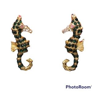 NEW•Gold w/Green Rhinestone SeaHorse post earrings
